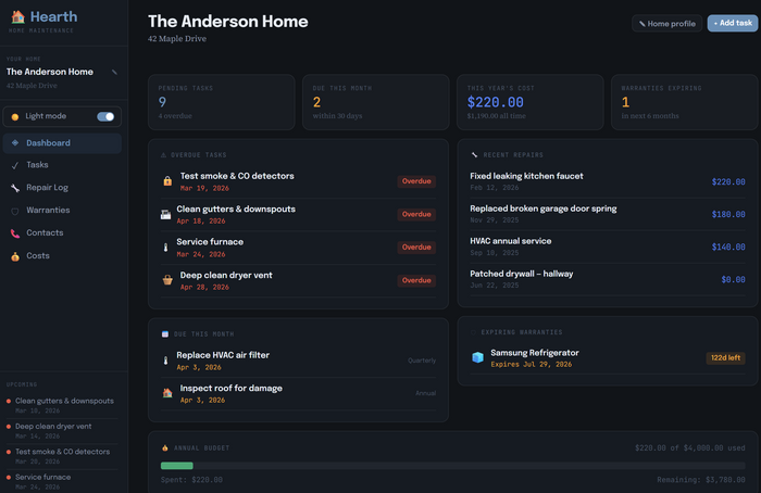 Hearth — Home Maintenance Tracker with Repairs, Warranties & Tasks