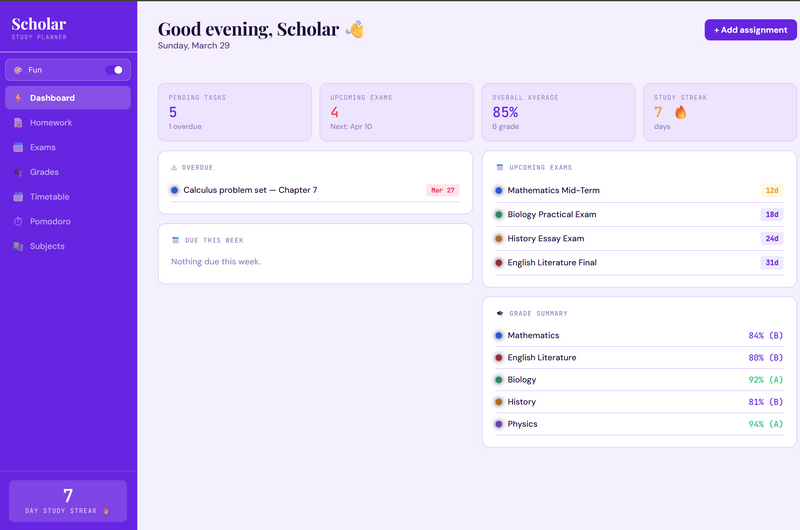 Scholar — Student Planner with Homework, Grades, Exams & Pomodoro Timer