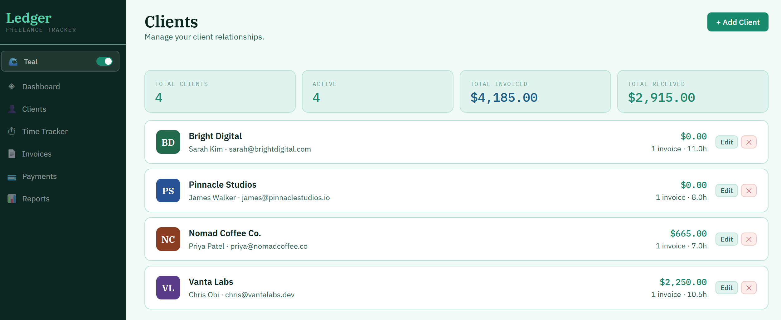 Ledger — Freelance Finance Tracker