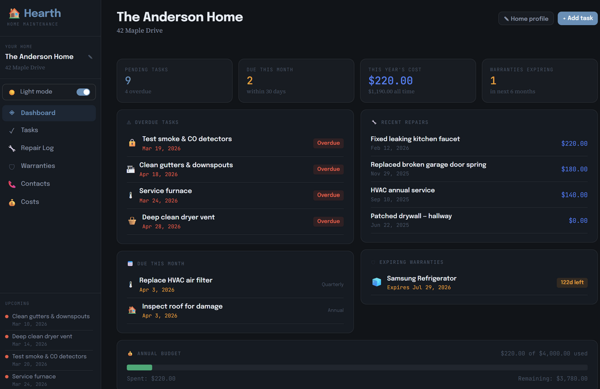 Hearth — Home Maintenance Tracker with Repairs, Warranties & Tasks