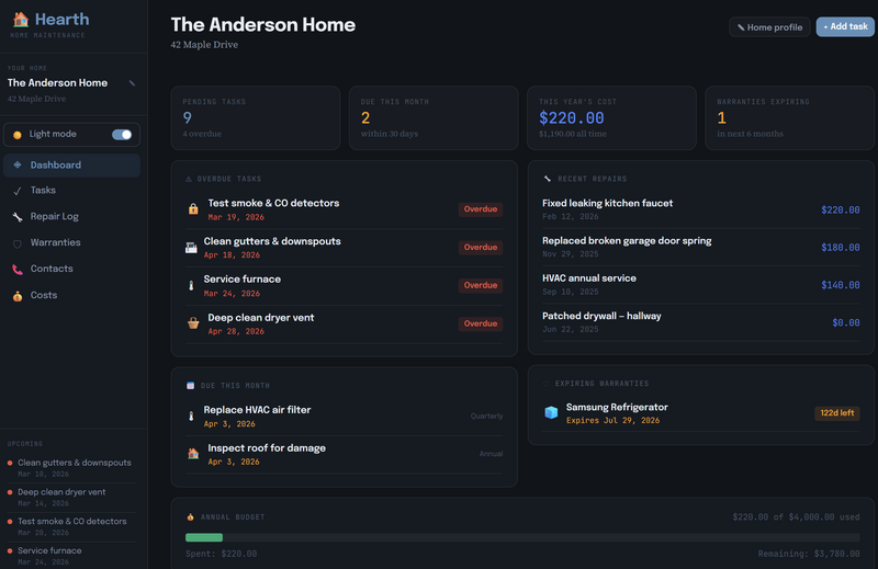 Hearth — Home Maintenance Tracker with Repairs, Warranties & Tasks